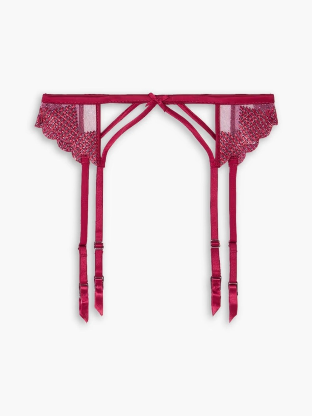 FLEUR DU MAL Silk satin-trimmed metallic embroidered tulle suspender belt Claret